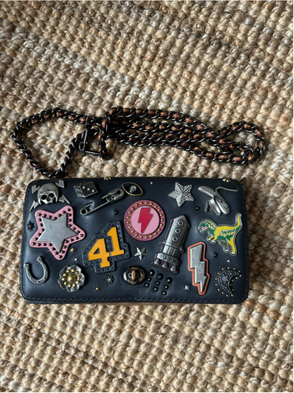 Coach 1941 Black Leather Signature Canvas Souvenir Patch Dinky Crossbody 77916